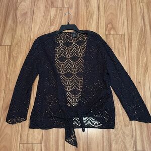 NWOT Black lace open cardigan, sz Small by Katie Todd. Optional Tie front.